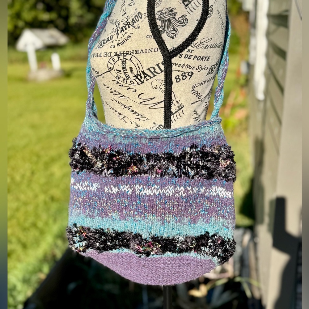 Hand Crafted Felted Blue and Purple Knit Crossbody Bag